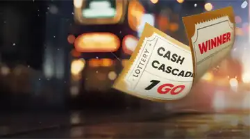 Лотерейный билет с надписью Cash Cascade и Winner от Меллстрой Казино, подчеркнутый огнями большого города